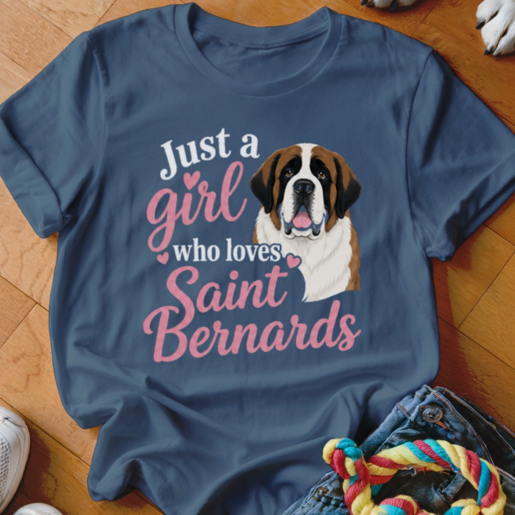Navy t-shirt with a Saint Bernard dog illustration and text "Just a girl who loves Saint Bernards".