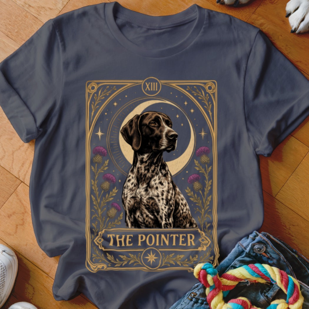 Dark gray t-shirt featuring a tarot-style graphic of a German Shorthaired Pointer with thistle flowers and the text The Pointer.