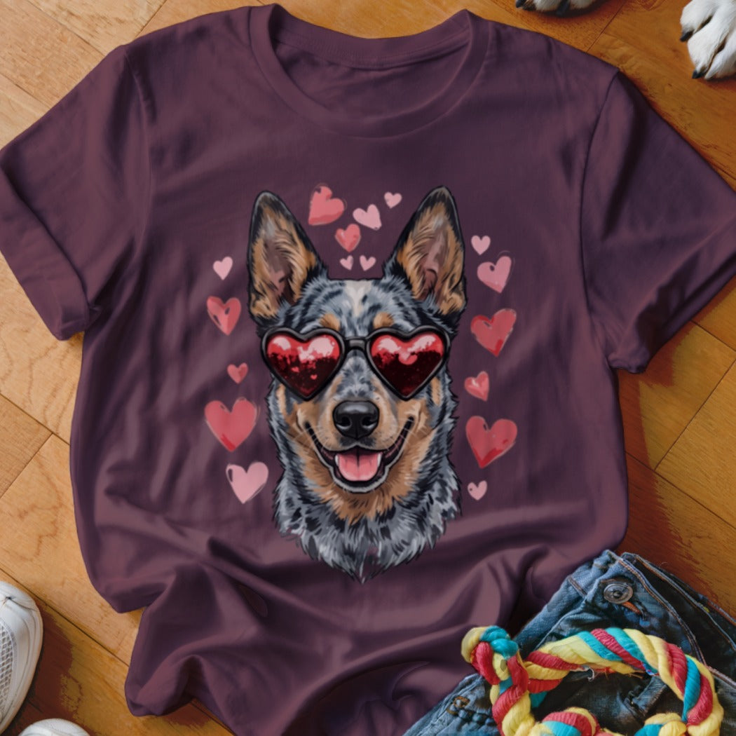 Plum-colored t-shirt featuring a graphic of a Blue Heeler dog wearing heart-shaped sunglasses surrounded by pink hearts.