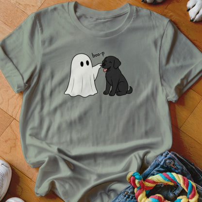 Ghost poking a black lab with text "boo-p" on a grey t-shirt.