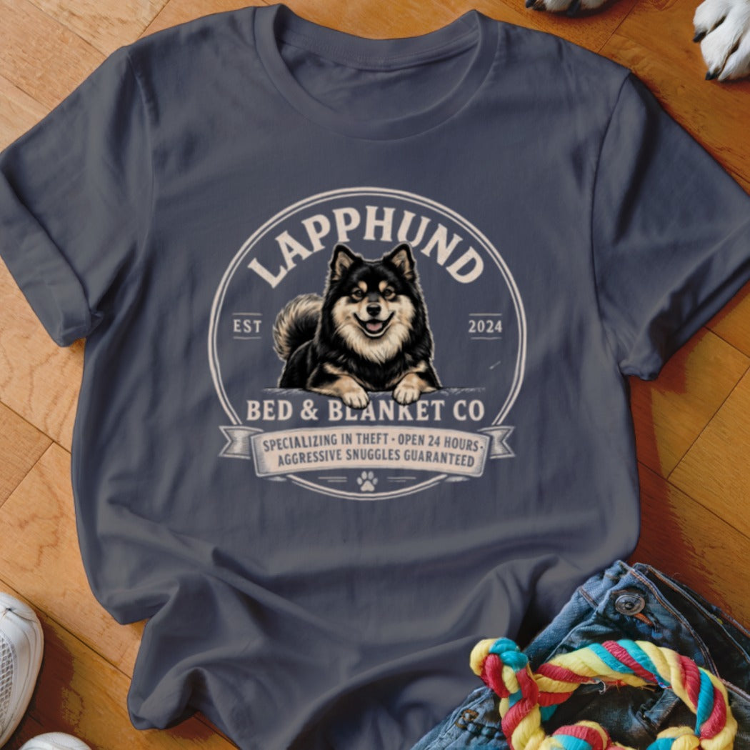 Lapphund Bed & Blanket Co. t-shirt with dog illustration and text.