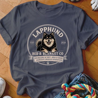 Lapphund Bed & Blanket Co. t-shirt with dog illustration and text.