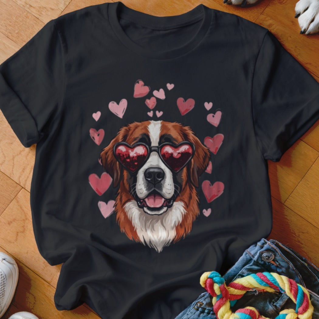 Black t-shirt featuring a graphic of a Saint Bernard dog wearing heart-shaped sunglasses surrounded by pink hearts.