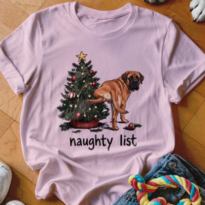 Mastiff dog peeing on Christmas tree with text "naughty list".