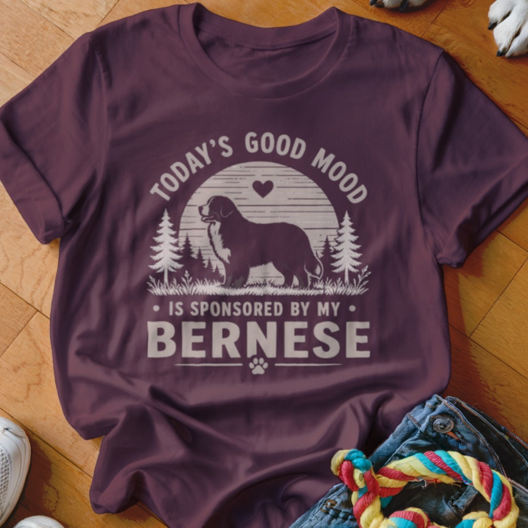 Maroon t-shirt featuring a Bernese Mountain Dog graphic and the text "Today's good mood is sponsored by my Bernese".