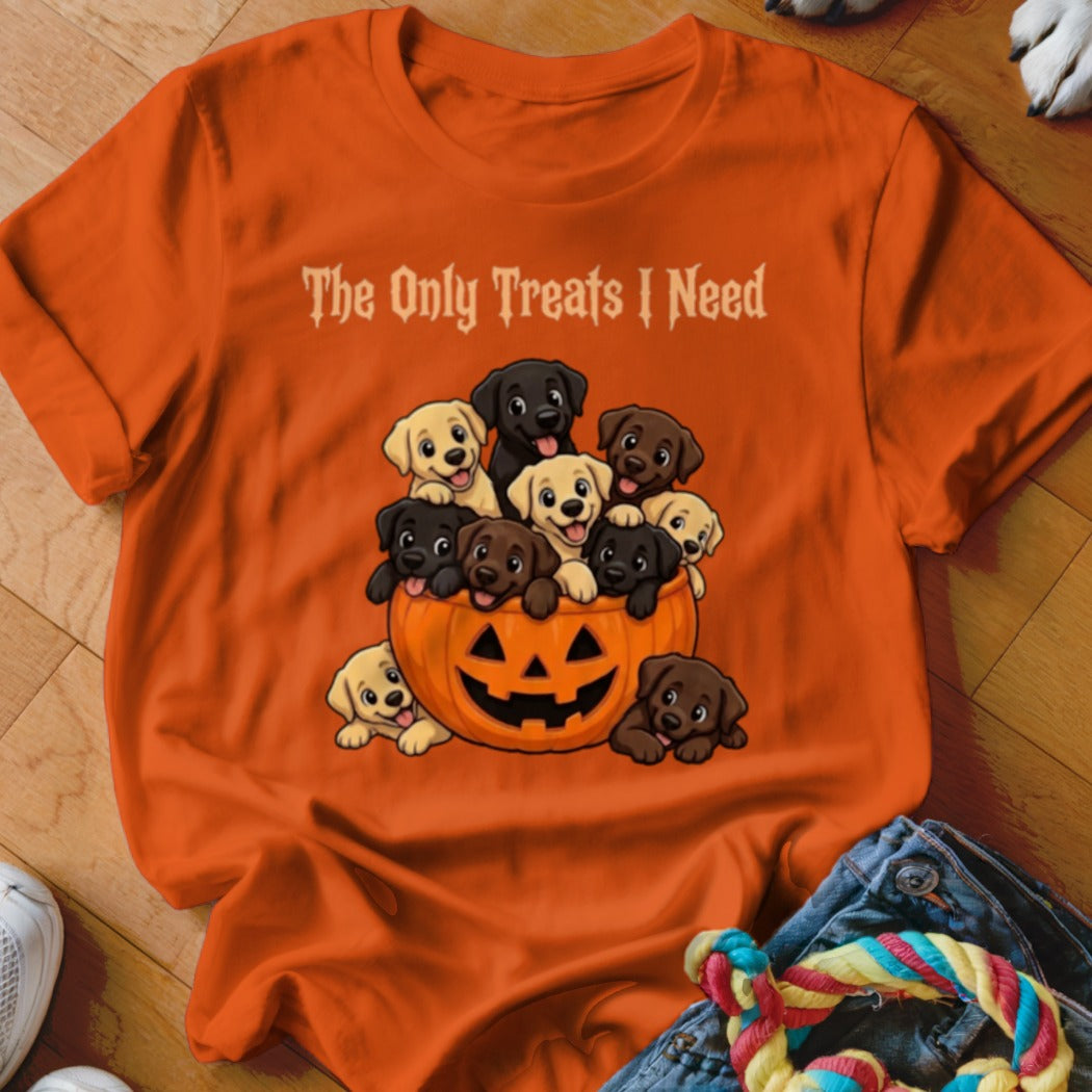 Labrador puppies spilling out of a jack-o'-lantern with text "The Only Treats I Need".