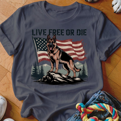 German Shepherd on rocks with American flag and "Live Free or Die" text.