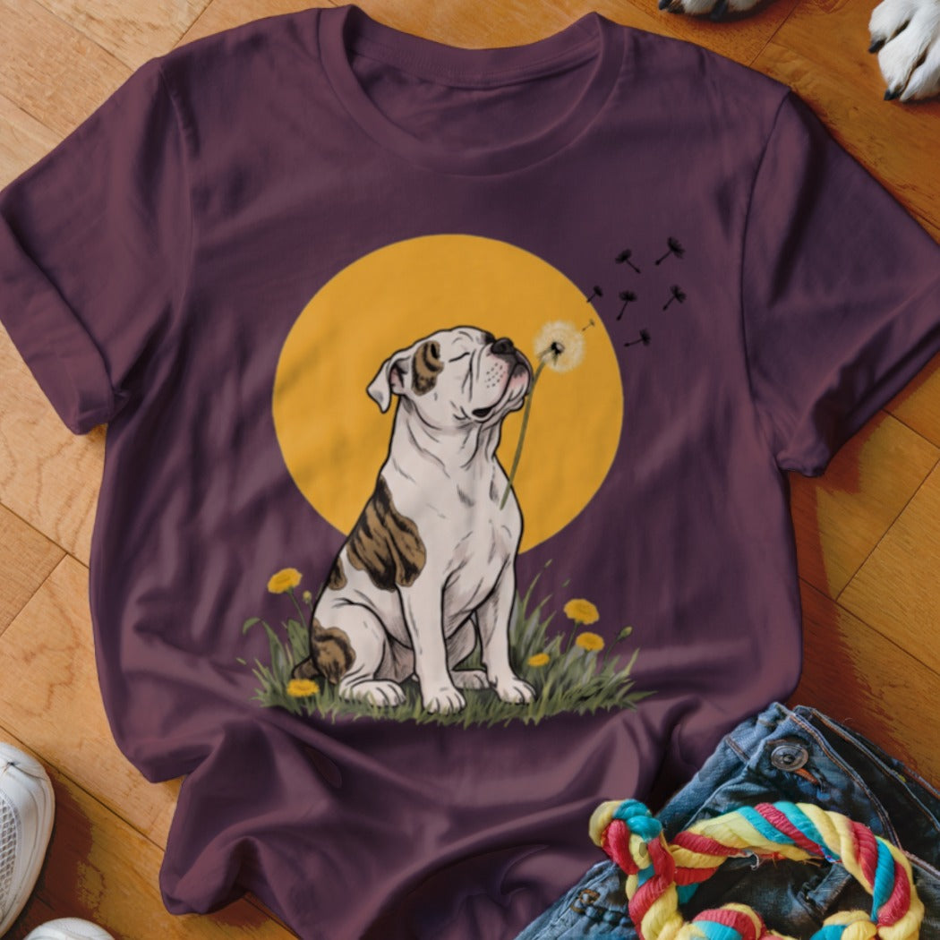 A plum-colored t-shirt with a graphic of a bulldog sniffing a dandelion against a yellow circle.