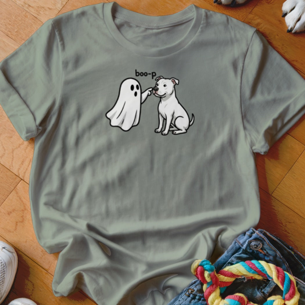 Ghost booping a white dog with text "boo-p" above.
