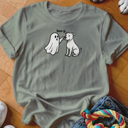 Ghost booping a white dog with text "boo-p" above.