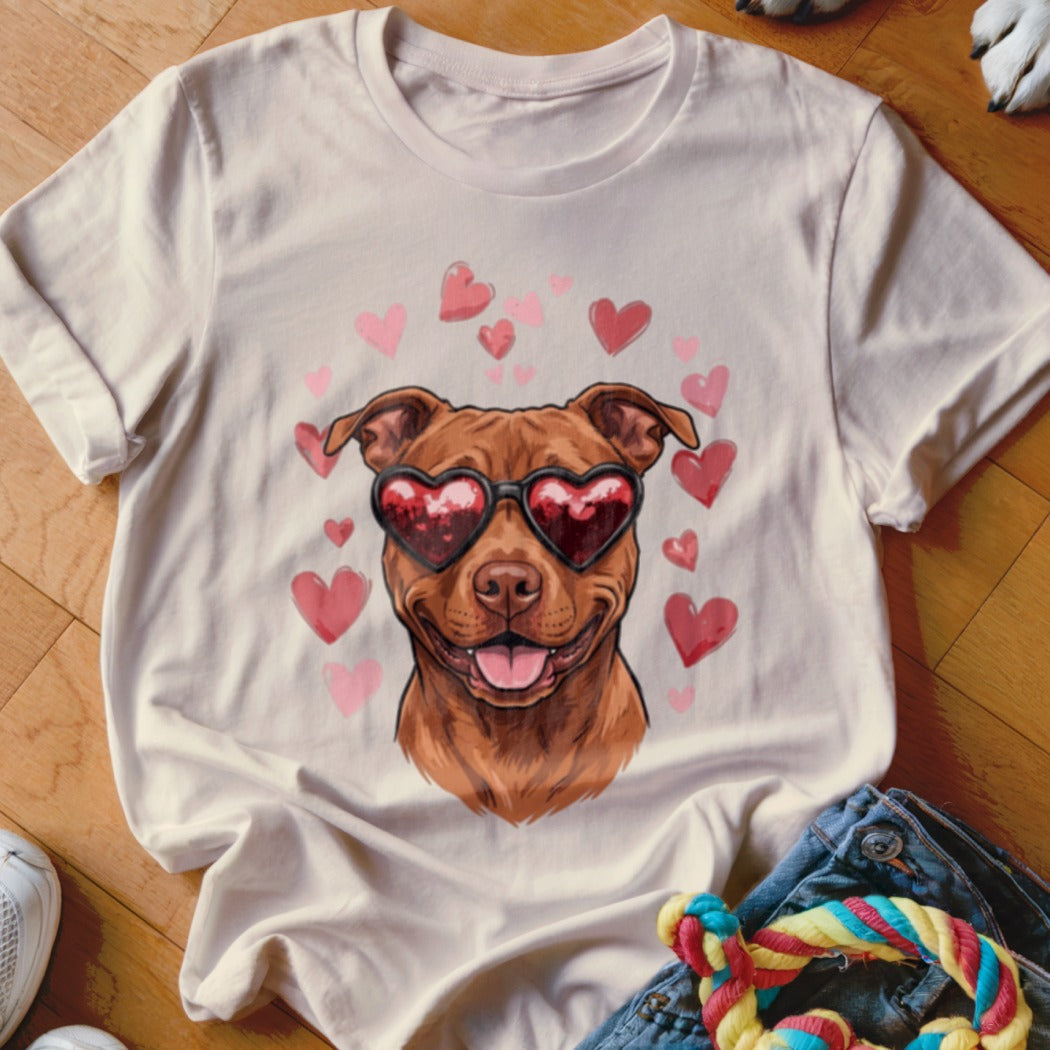 Cream short-sleeve t-shirt featuring a brown dog wearing heart-shaped sunglasses surrounded by pink hearts.