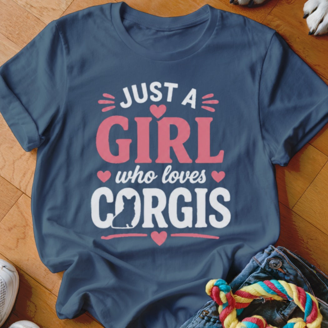 Dark blue t-shirt with "Just a Girl Who Loves Corgis" text and corgi silhouette.