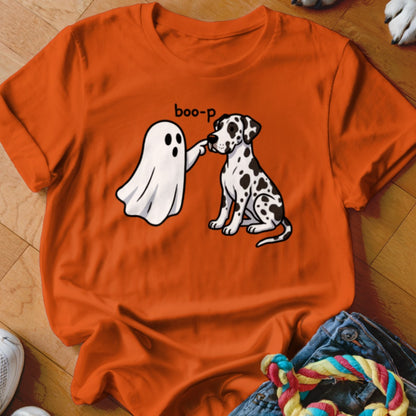 Ghost booping a Dalmatian dog with text "boo-p" on an orange t-shirt.