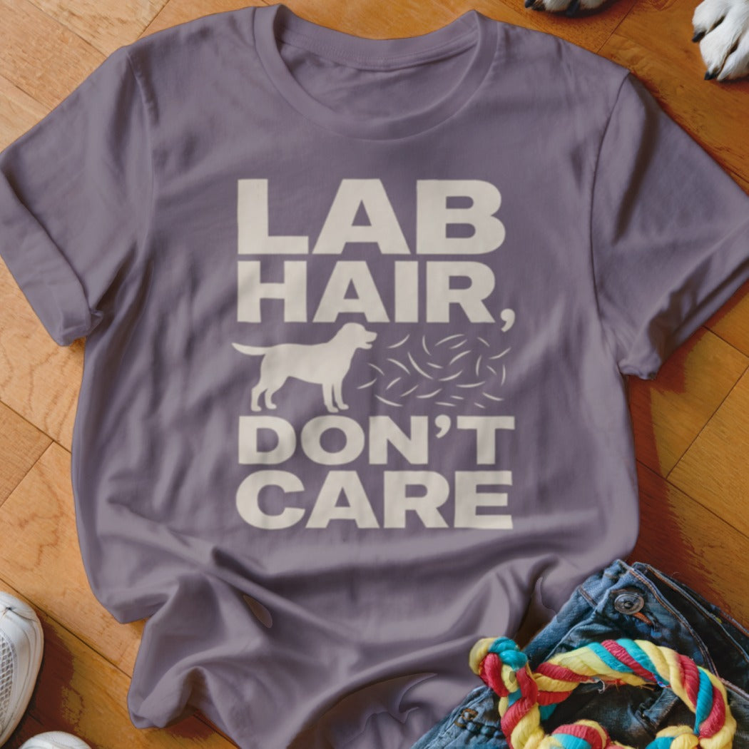 Purple t-shirt with text "LAB HAIR, DON'T CARE" and a labrador silhouette.