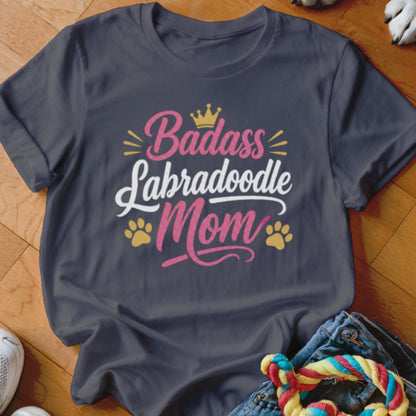 Dark gray t-shirt with "Badass Labradoodle Mom" text and paw prints.