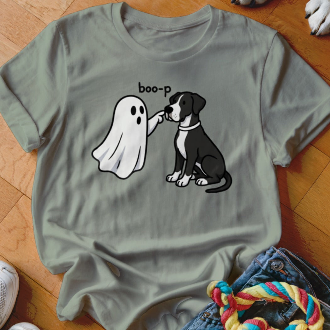Ghost booping a black and white dog's nose with text "boo-p".