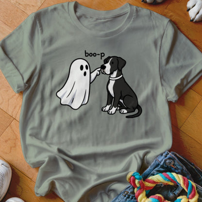 Ghost booping a black and white dog's nose with text "boo-p".