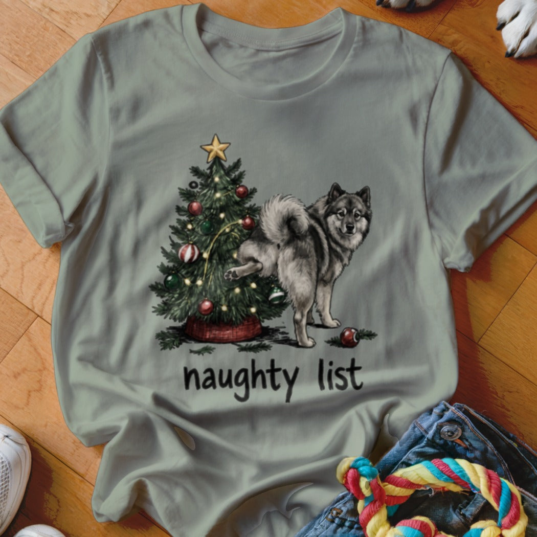 Gray t-shirt with a Christmas tree and dog graphic and the text "naughty list".