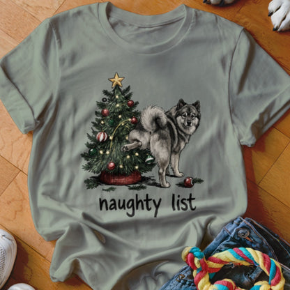 Gray t-shirt with a Christmas tree and dog graphic and the text "naughty list".