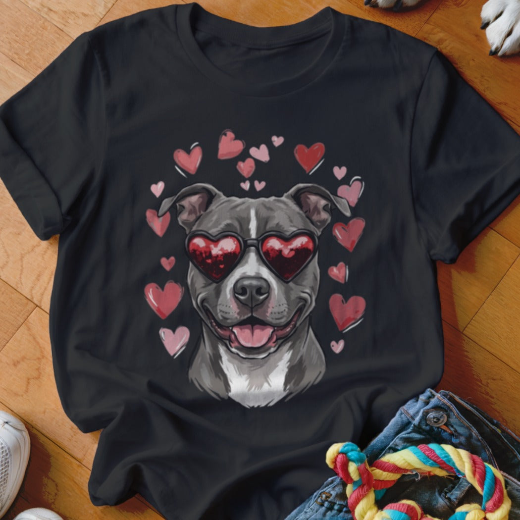 A black t-shirt features a graphic of a grey pit bull wearing heart-shaped sunglasses surrounded by floating pink hearts.