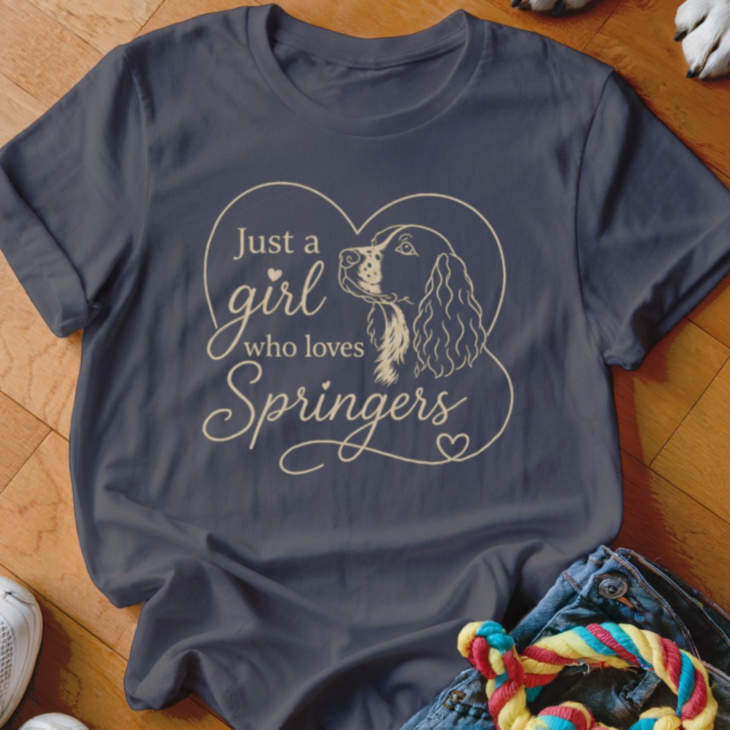 Dark grey t-shirt with "Just a girl who loves Springers" text and dog outline.