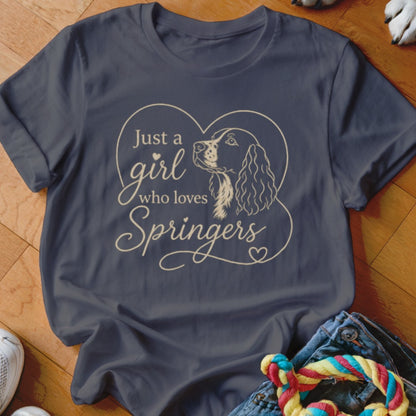 Dark grey t-shirt with "Just a girl who loves Springers" text and dog outline.