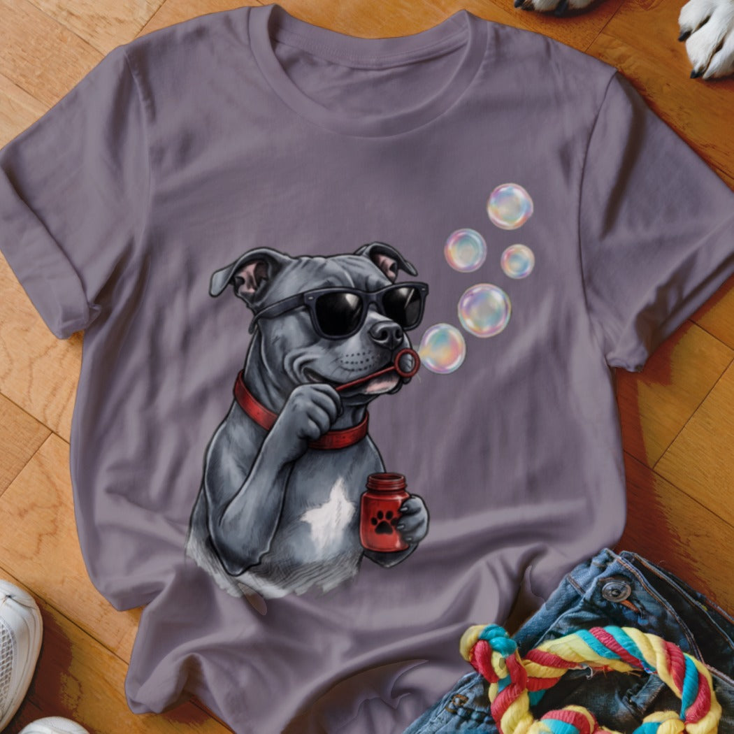 Gray crewneck t-shirt featuring a graphic of a gray pitbull wearing sunglasses and blowing bubbles.