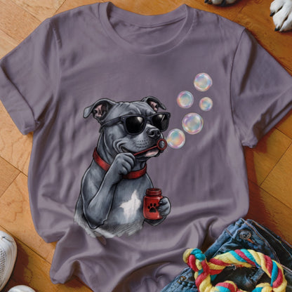 Gray crewneck t-shirt featuring a graphic of a gray pitbull wearing sunglasses and blowing bubbles.