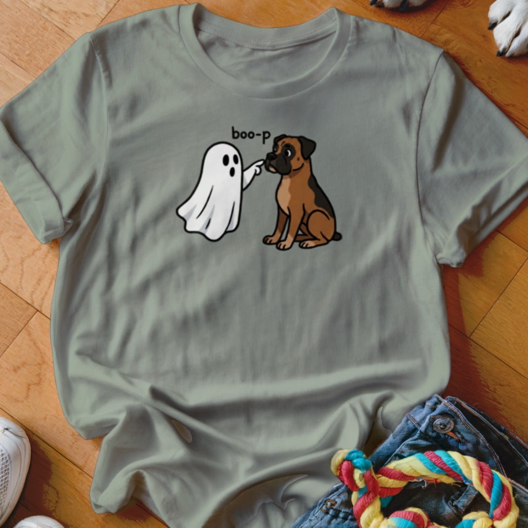 Ghost booping dog with text "boo-p" on a grey t-shirt.