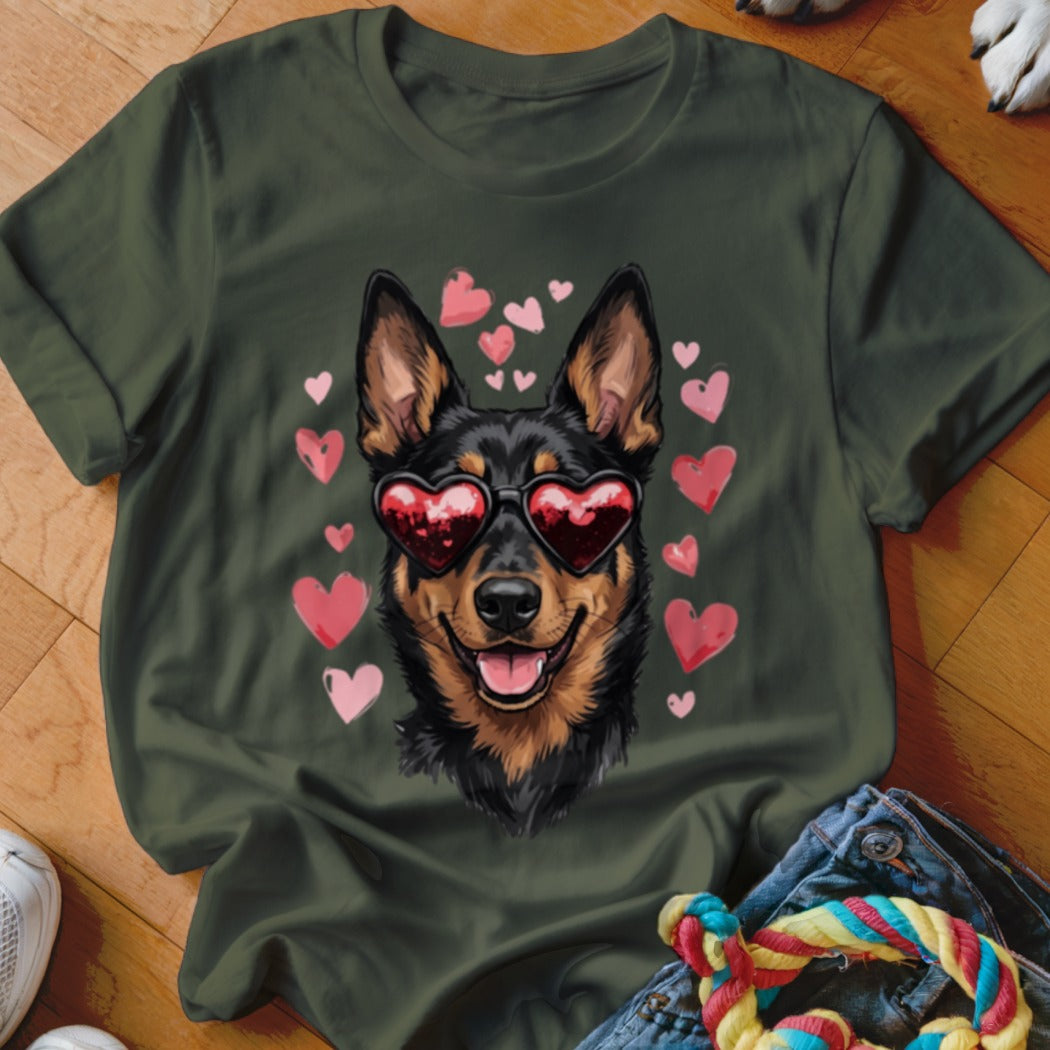 Dark green t-shirt featuring a graphic of a German Shepherd wearing heart-shaped sunglasses surrounded by pink hearts.