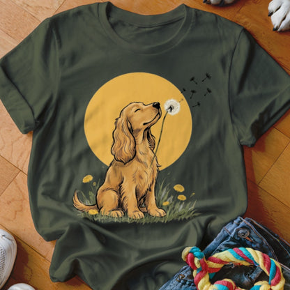 A dark green t-shirt featuring a graphic of a golden dog blowing dandelion seeds.