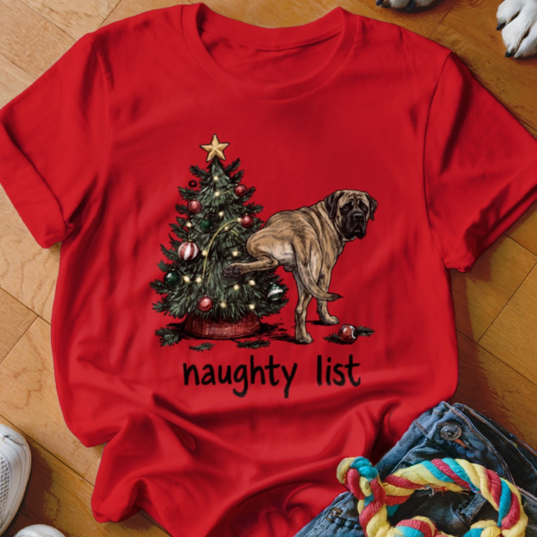 Mastiff dog lifting leg on Christmas tree with "naughty list" text.