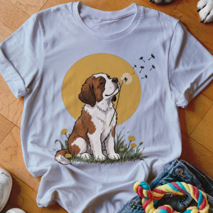 White crewneck t-shirt featuring an illustrated brown and white puppy blowing dandelion seeds against a yellow sun.