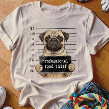 White t-shirt with a pug mugshot graphic reading "professional food thief".