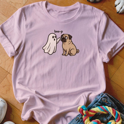 Ghost booping a pug, text reads "boo-p" on a pink t-shirt.