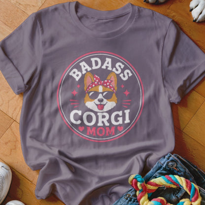 Grey t-shirt with "Badass Corgi Mom" text and a corgi wearing sunglasses and a bandana.