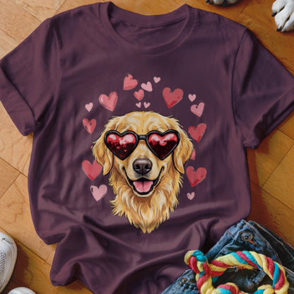 Dark maroon t-shirt featuring a graphic of a golden retriever wearing heart-shaped sunglasses surrounded by floating pink hearts.