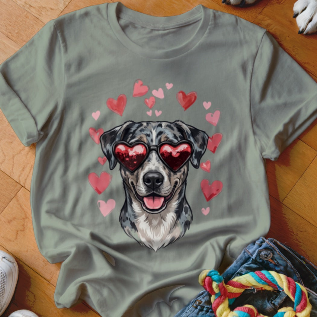Sage green crewneck t-shirt featuring a printed graphic of a spotted dog wearing heart-shaped sunglasses, surrounded by pink hearts.