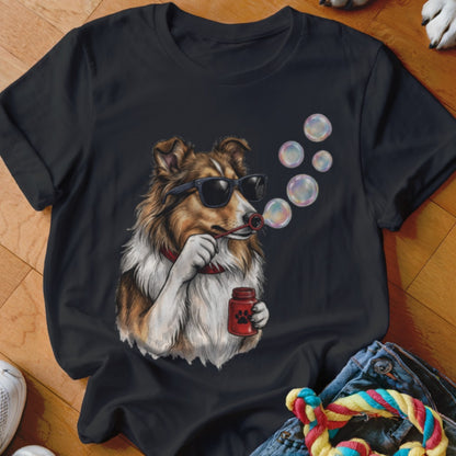 Black t-shirt featuring an illustration of a dog wearing sunglasses blowing soap bubbles.