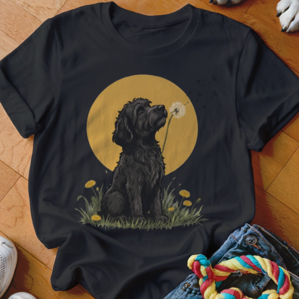A black t-shirt features a graphic of a black dog sitting in grass, blowing dandelion seeds against a yellow moon.