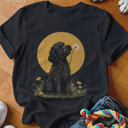 A black t-shirt features a graphic of a black dog sitting in grass, blowing dandelion seeds against a yellow moon.
