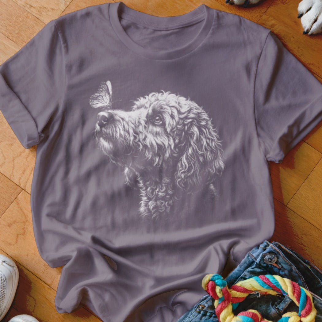 A purple t-shirt featuring a white sketched graphic of a curly-haired dog looking at a butterfly on its nose.