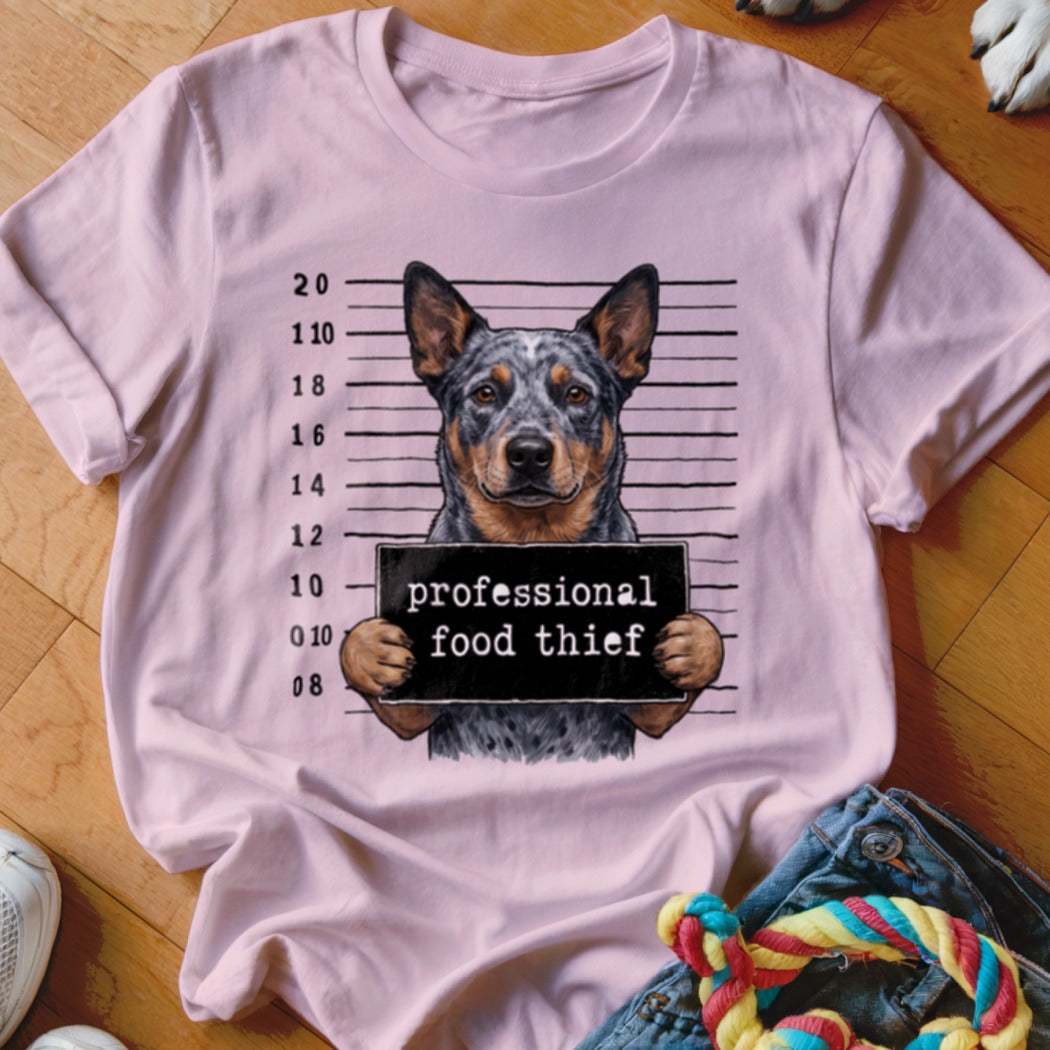 Australian Cattle Dog mugshot with "professional food thief" sign.