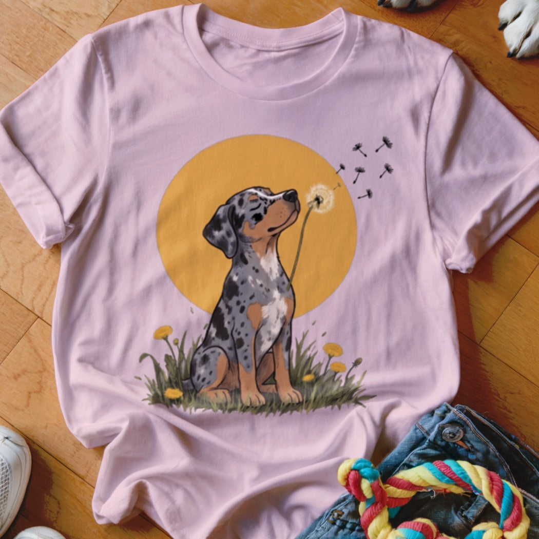A light pink t-shirt featuring an illustration of a merle puppy blowing dandelion seeds.