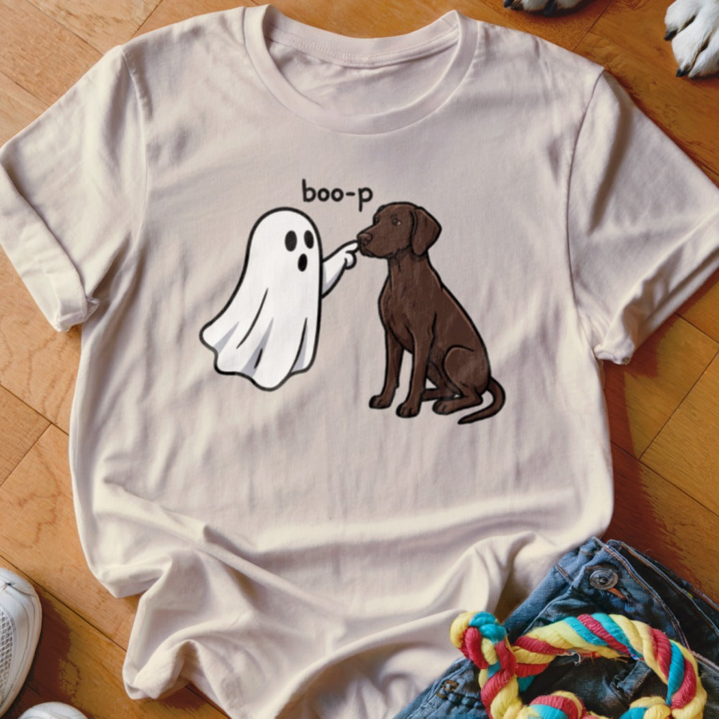 T-shirt with ghost poking a brown dog's nose, text "boo-p".