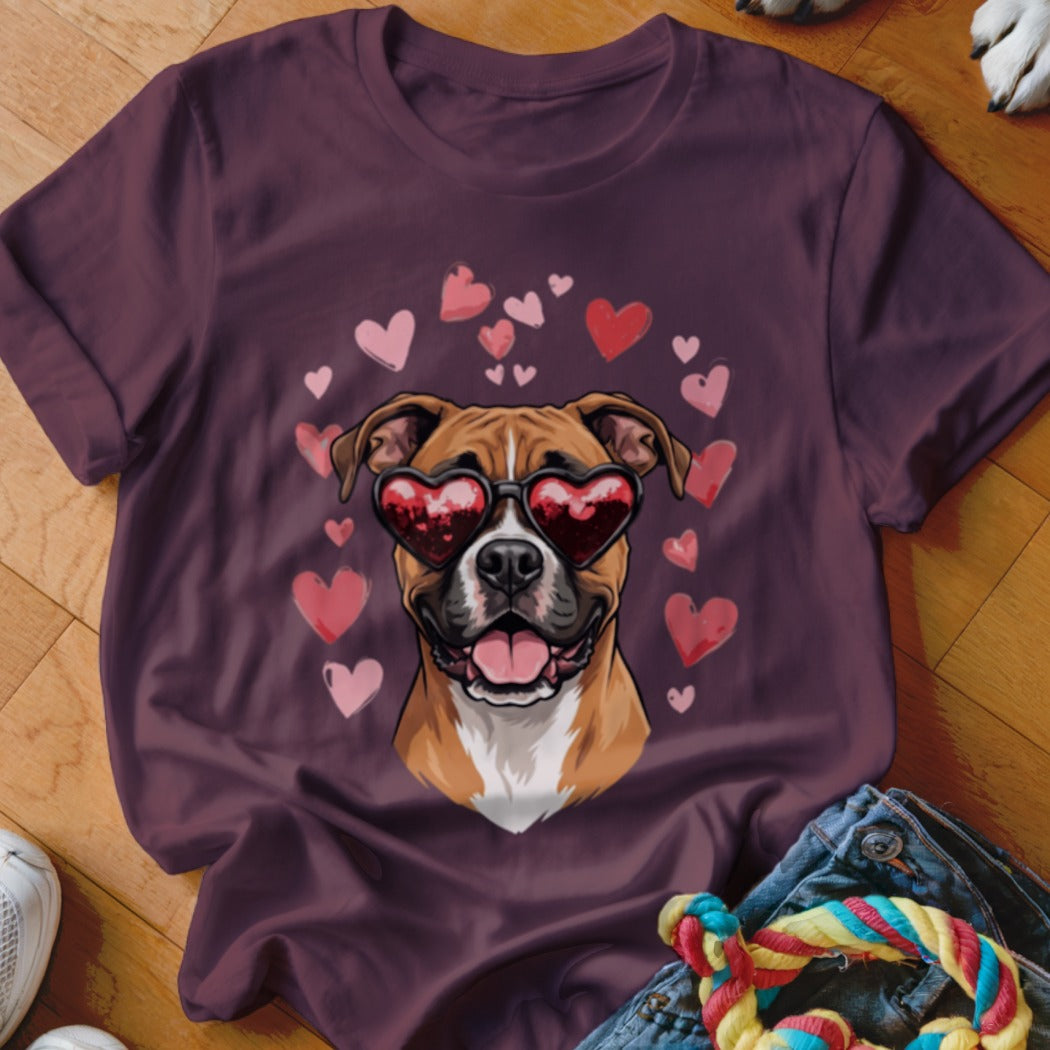 Dark purple t-shirt featuring a graphic of a boxer dog wearing heart-shaped sunglasses surrounded by floating pink hearts.