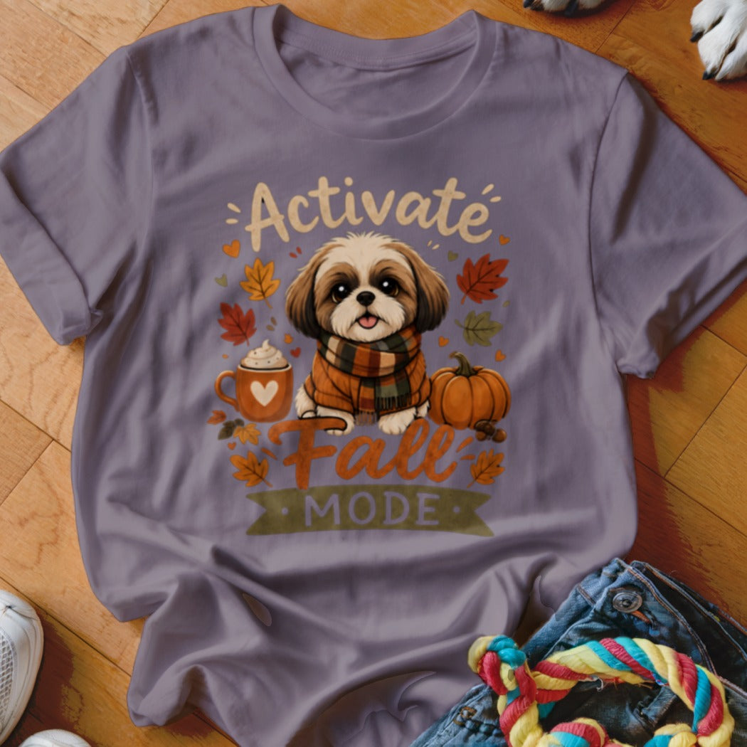 Purple t-shirt with a Shih Tzu dog, pumpkin, and hot cocoa, reading "Activate Fall Mode".