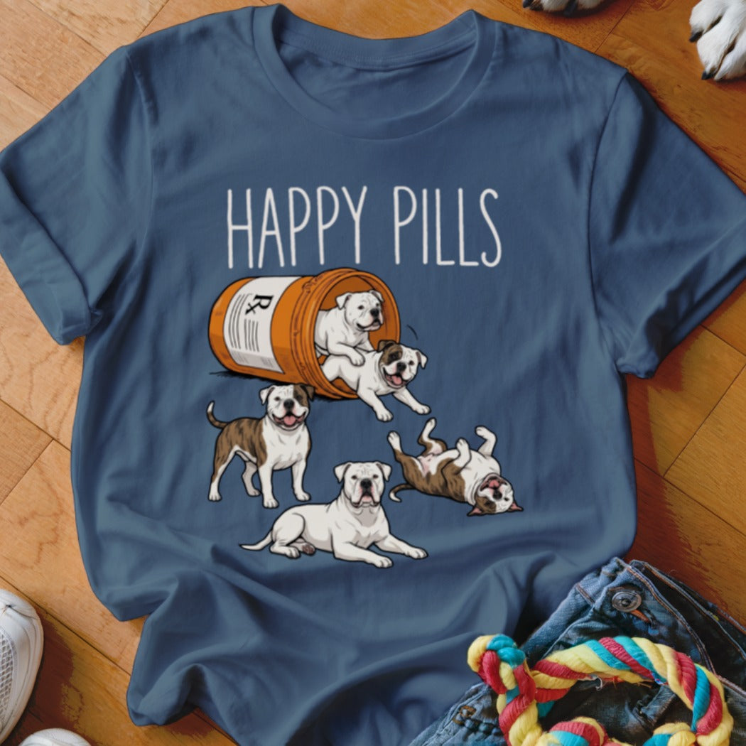 T-shirt with "Happy Pills" text and cartoon bulldogs spilling from a prescription bottle.