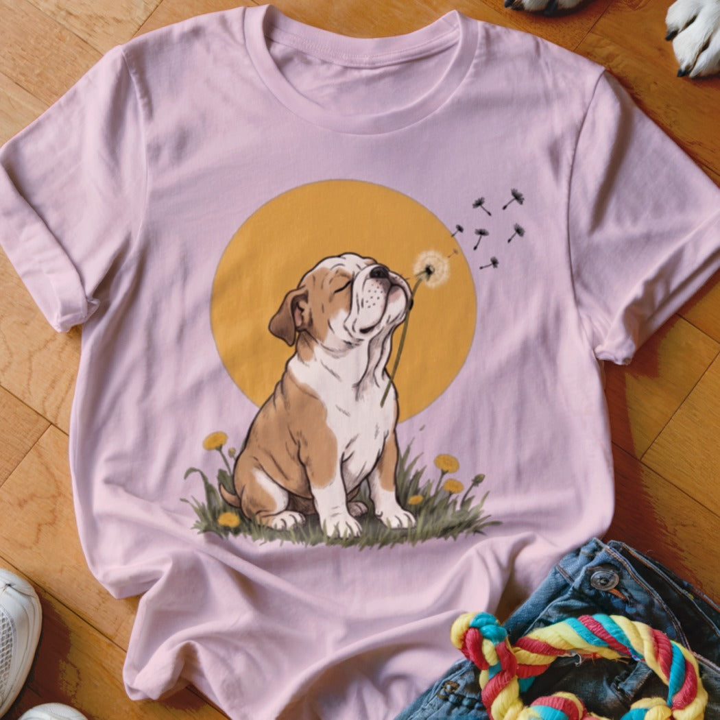 A light pink t-shirt featuring an illustration of a bulldog blowing dandelion seeds.