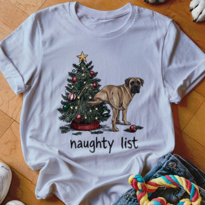 White t-shirt featuring a Mastiff lifting its leg on a Christmas tree with the text naughty list.